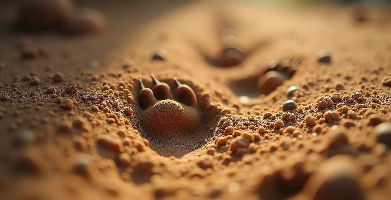 Détail macro d'empreintes et traces fraîches montrant l'établissement territorial rapide des rongeurs